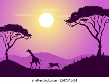 Vector illustration of African wildlife with purple silhouettes