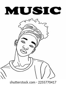 Vector illustration of African woman with beautiful blue eyes. Advertising for a magazine. Vector illustration of poster, advertisement, book, catalogue, brand, card. Inscription of Music.