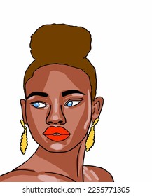 Vector illustration of African woman with beautiful blue eyes. Advertising for a magazine. Vector illustration of poster, advertisement, book, catalogue, brand, card.  
