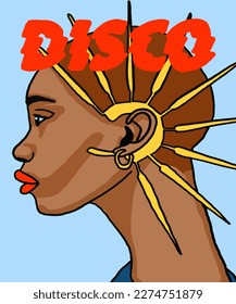 Vector illustration of African woman with beautiful blue eyes in earring. Advertising for a magazine. Vector illustration of poster, advertisement, book, catalogue, brand, card. Inscription of Disco. 