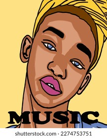 Vector illustration of African woman with beautiful blue eyes. Advertising for a magazine. Vector illustration of poster, advertisement, book, catalogue, brand, card. Inscription of music. 