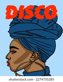 Vector illustration of African woman with beautiful blue eyes. Advertising for a magazine. Vector illustration of poster, advertisement, book, catalogue, brand, card. Inscription of Disco. 