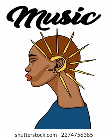 Vector illustration of African woman with beautiful blue eyes in earring. Advertising for a magazine. Vector illustration of poster, advertisement, book, catalogue, brand, card. Inscription of music. 