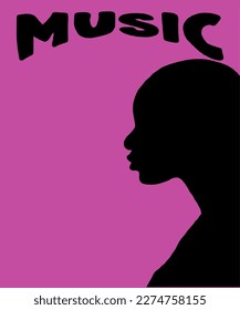 Vector illustration of African woman with beautiful blue eyes. Advertising for a magazine. Vector illustration of poster, advertisement, book, catalogue, brand, card. Inscription of music. 