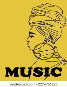Vector illustration of African woman with beautiful blue eyes. Advertising for a magazine. Vector illustration of poster, advertisement, book, catalogue, brand, card. Inscription of music. 