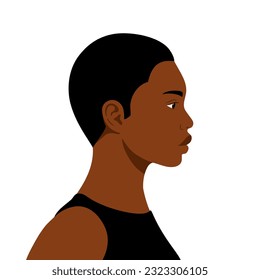 Vector illustration of an african woman with a buzz cut, female side profile, relaxed face with open eyes flat illustration.