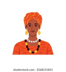 Vector illustration of an African woman. Cartoon scene of a bust of an African woman with a headdress, a dress with patterns,lines,a necklace of beads,shells,an earring isolated on a white background.