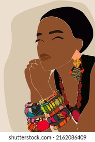 Vector illustration of African woman with colorful ethnic accessories in minimal abstract style. Fashion illustration and abstract poster. Beauty and modern art.