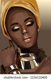 Vector Illustration Of African Woman Face With Gold Accessories And Turban In Minimal Abstract Style. Fashion Illustration And Abstract Poster. Beauty And Modern Art.