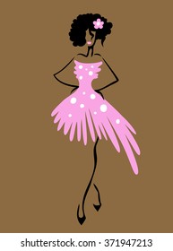 Vector illustration of the African woman in pink dress on the brown background.