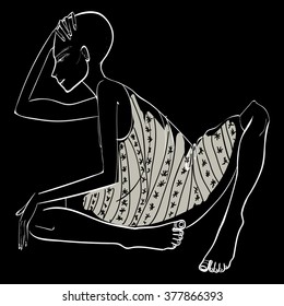 Vector illustration of African woman sitting on the ground and wearing cotton striped overalls. Hand drawing, monochrome linear graphic. Black, white, gray colors. 