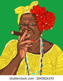 Vector Illustration of African woman smokes cigar. Old woman in traditional costume with flower smoking a big cigar. For postcard, poster, advertisement