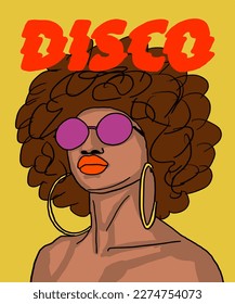 Vector illustration of African woman in sunglasses. Advertising for a magazine. Vector illustration of poster, advertisement, book, catalogue, brand, card. Inscription of Disco. 