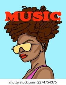 Vector illustration of African woman in sunglasses. Advertising for a magazine. Vector illustration of poster, advertisement, book, catalogue, brand, card. Inscription of music. 