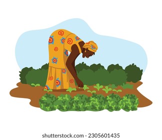 Vector illustration of an African woman working in the field. Cartoon scene with a woman in colorful clothes, a dress and a headdress with patterns working in the field isolated on a white background.