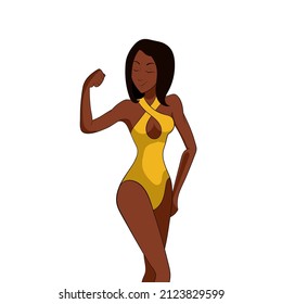 Vector Illustration African-American Attractive Woman in Yellow Swimsuit Showing Her Muscles Isolated on White Background, Colorful Cartoon, Character.