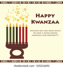 vector illustration for african-american holiday with candle holder and text greetings and traditional decoration stripes borders