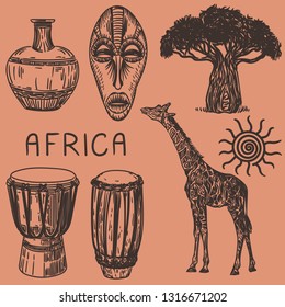 Vector illustration of Africa.With giraffe, drums, sun, baobab tree, mask and African vase.