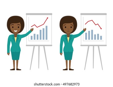 Vector illustration of afro american businesswoman showing graphics. Financial success, financial loss flat illustration concepts. Flat design concepts for web banners, web sites, infographics.