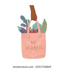 Vector illustration of an afro american hand holding an eco-friendly cotton bag filled with fresh vegetables. Zero waste concept, promoting reusable items, local farm produce, and sustainable shopping