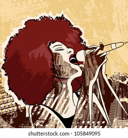 Vector illustration of an afro american jazz singer on grunge background