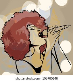 Vector illustration of an afro american jazz singer on grunge background