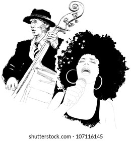 Vector illustration of an afro american jazz singer and a double-bass player