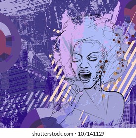 Vector illustration of an afro american jazz singer on grunge background