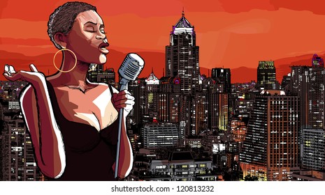 Vector illustration of an afro american jazz singer on cityscape background