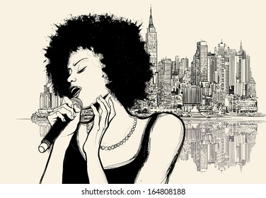 Ilustración vectorial de un cantante de jazz afroamericano sobre el paisaje urbano