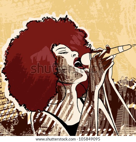 Vector illustration of an afro american jazz singer on grunge background