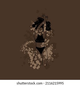 Vector illustration of afro american woman with vitiligo skin. World vitiligo day. Body positive, love yourself, accept your body. Young beautiful casual girl in underwear. Dancing woman with vitiligo