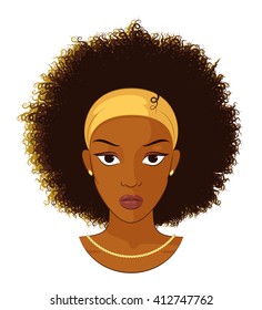 Vector Illustration of an Afro Girl with Curly Hair Wearing Earrings and Necklace