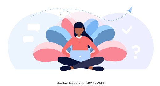 vector illustration afro girl student sitting lotus pose with laptop surrounded by leaves. graphic design for language courses, onlain education school. Freelancer working on computer, work balance