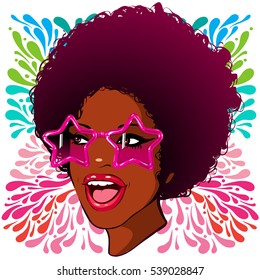 vector illustration afro woman disco style stars in glasses on a bright background