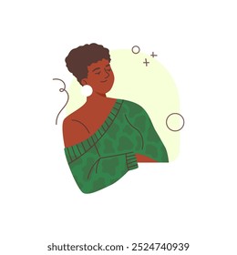 Ilustración vectorial de una mujer afro mirando por la ventana. Personaje sonriente inclinado hacia atrás mirando a alguien. Concepto de curiosidad. Estilo plano de la historieta en el fondo aislado.