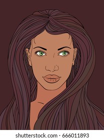 Vector illustration of afro woman with perfect beautiful face, big lips, green eyes and long hair, Hand drawn line art colored