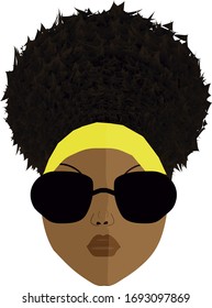Vector illustration of an afro woman wearing a head wrap with sunglasses.  Puff hair.