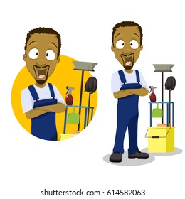 Vector illustration of afro-American man with cleaning products. White background. Male janitor with cleaning products.