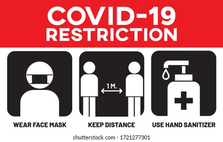 Ilustración vectorial después de cuarentena para el concepto de brote de coronavirus. Info-gráfico de "RESTRICCIÓN COVID-19". Medidas de seguridad y signos de precaución de COVID-19 para la reapertura de las empresas.