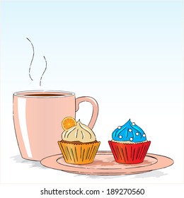 Vector illustration : Afternoon snack with cupcakes and cap of tea