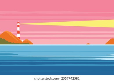 vector illustration of an afternoon view on a blue sea with a pink sky. There are islands with lighthouses emitting lights