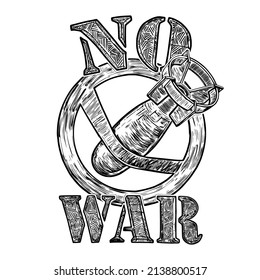 Ilustración vectorial contra la guerra. Esbozo de la bomba de aire e inscripción en la guerra. Dibujo en blanco y negro aislado sobre un fondo blanco.