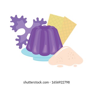 Vector illustration of Agar on a plate and red algae. Food additive on a white background.