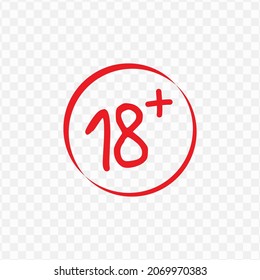 Icono vectorial de más de 18 años en color rojo y fondo transparente (png).