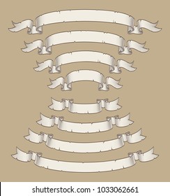 Vector illustration of age old papyrus or parchment ribbons. Four sizes Set neatly layered and labeled with Global Colors for variations and easy editing