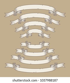 Vector illustration of age old papyrus or parchment ribbons. Four sizes Set neatly layered and labeled with Global Colors for variations and easy editing