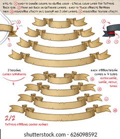 Vector illustration of age old papyrus or parchment ribbons. Set of two designs in four sizes each. Neatly layered and labeled to allow many variations and easy editing