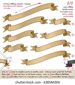 Vector illustration of age old papyrus or parchment ribbons. Set of two designs in four sizes each. Neatly layered and labeled to allow many variations and easy editing