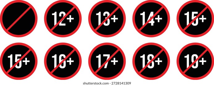 Vector illustration of age restriction icons ranging from 12+ to 19+, each enclosed in a red circle with a diagonal prohibition line on a black background. Represents content access control, age-based guidelines, and regulatory compliance. Ideal for media platforms, parental control interfaces, and digital safety signage.